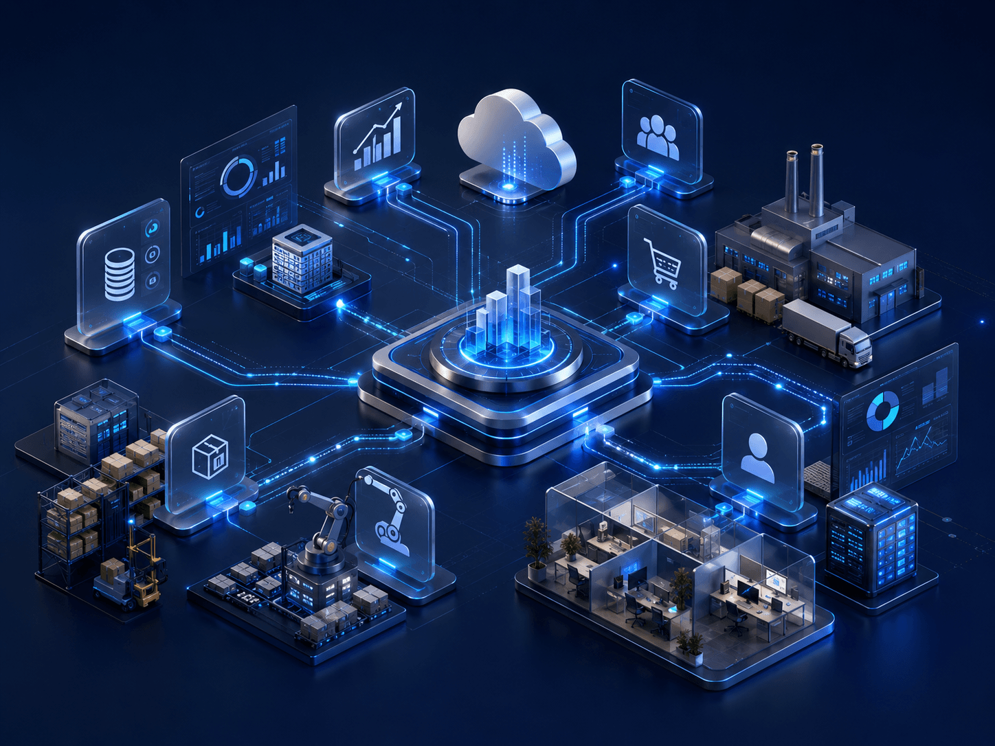 Connected business operations spanning analytics, cloud services, inventory, manufacturing, sales and office teams